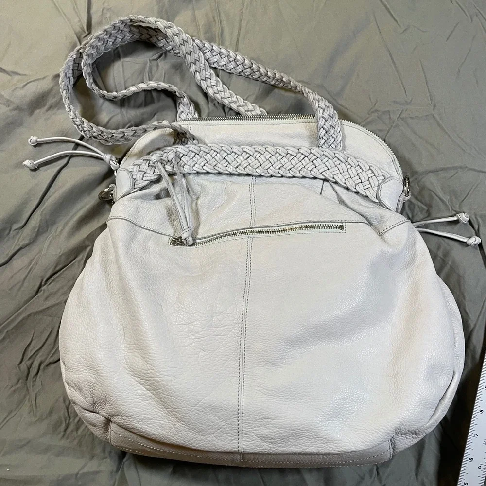 Sorial New York Light Grey Pebbled Leather Braided Strap Hobo Shoulder Bag Boho